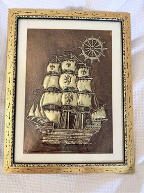Vintage Framed Embossed Sailing Ship Wall Art Nautical Galleon 15x19 Like new!